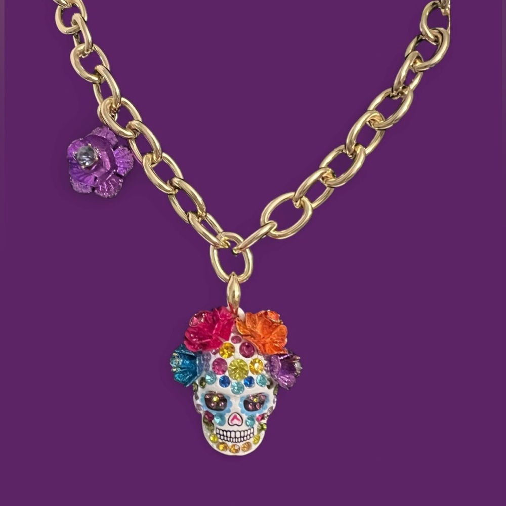 Betsey Johnson Gold Skull Pendant Necklace with Multicolor Accents - Picture 7 of 16